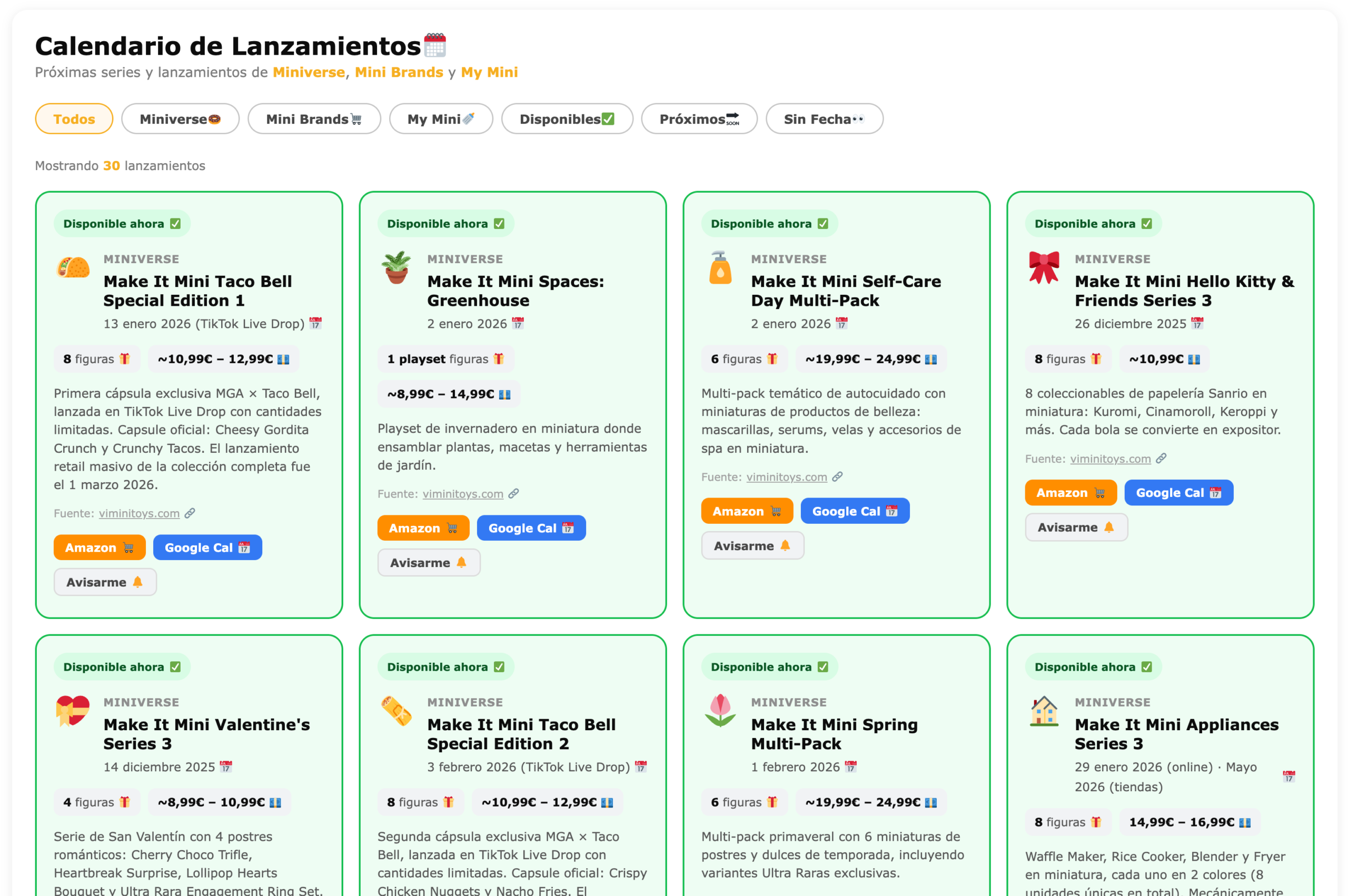 Calendario de lanzamientos de Miniverse y Mini Brands en viminitoys.com: tarjetas con código de colores por estado
