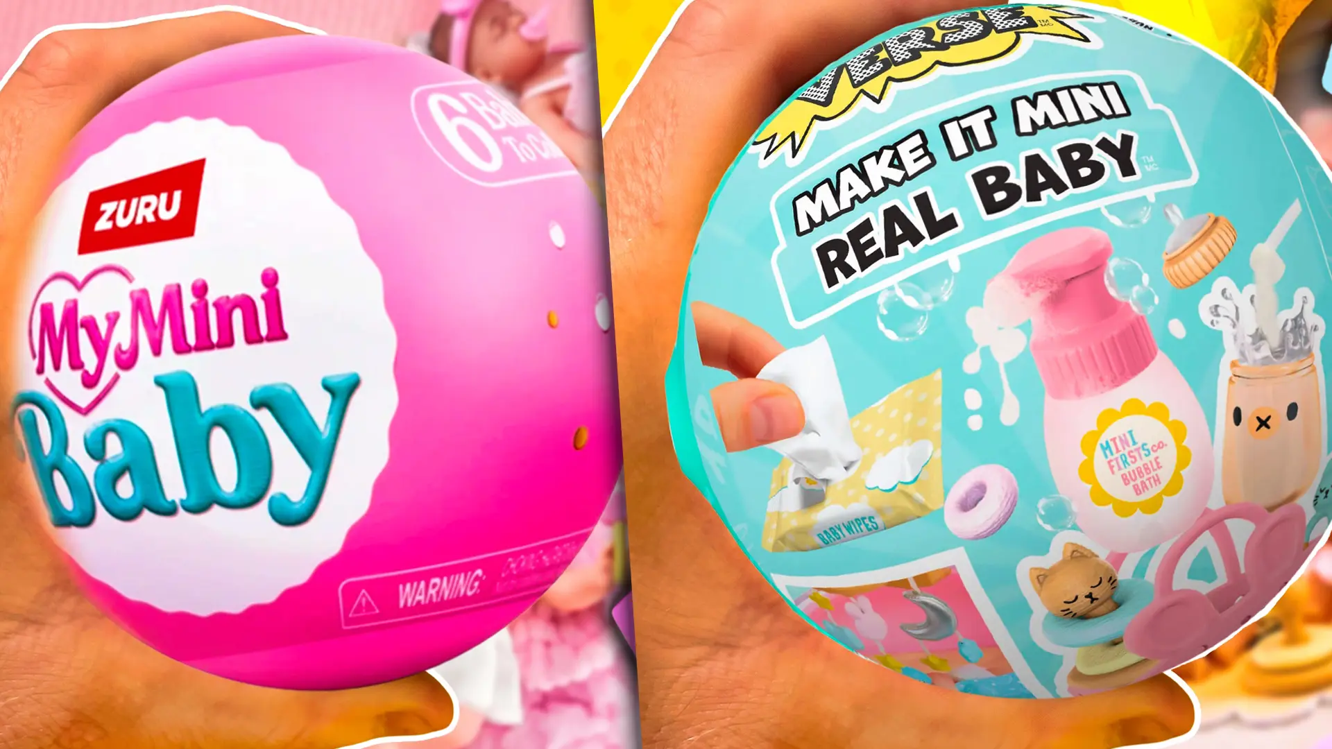 Comparativa Miniverse vs Mini Brands: una bola de Miniverse de MGA junto a una cápsula de Mini Brands de Zuru