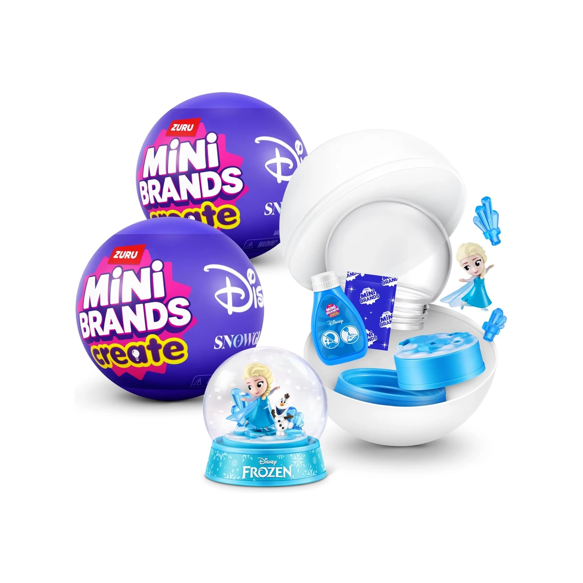 Pack de 2 cápsulas de Mini Brands Create Disney Snowglobes de ZURU con el globo de nieve de Frozen montado (Elsa y Olaf), a la venta en Amazon España