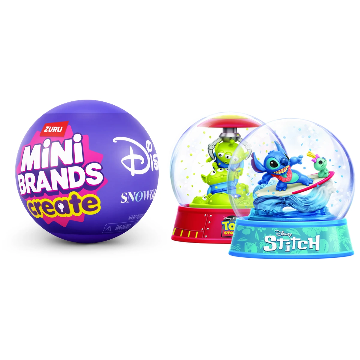 Mini Brands Create Disney Snowglobes: cápsula lila con dos bolas de nieve Disney montadas, Toy Story y Stitch