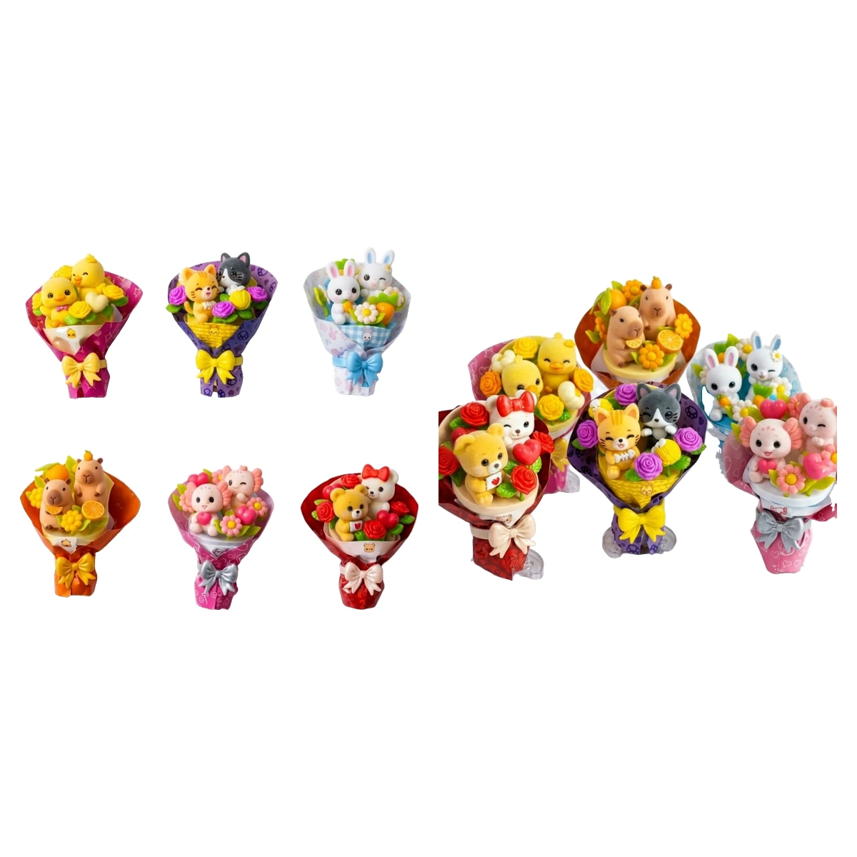 Mini Brands Create Kawaii Bouquets colección completa: los 6 ramos de animales kawaii sobre fondo blanco