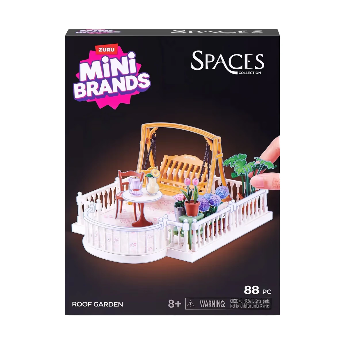 Caja oficial de Mini Brands Mini Spaces Roof Garden de ZURU: diorama de jardín de azotea de 88 piezas con barandilla, banco-columpio y flores