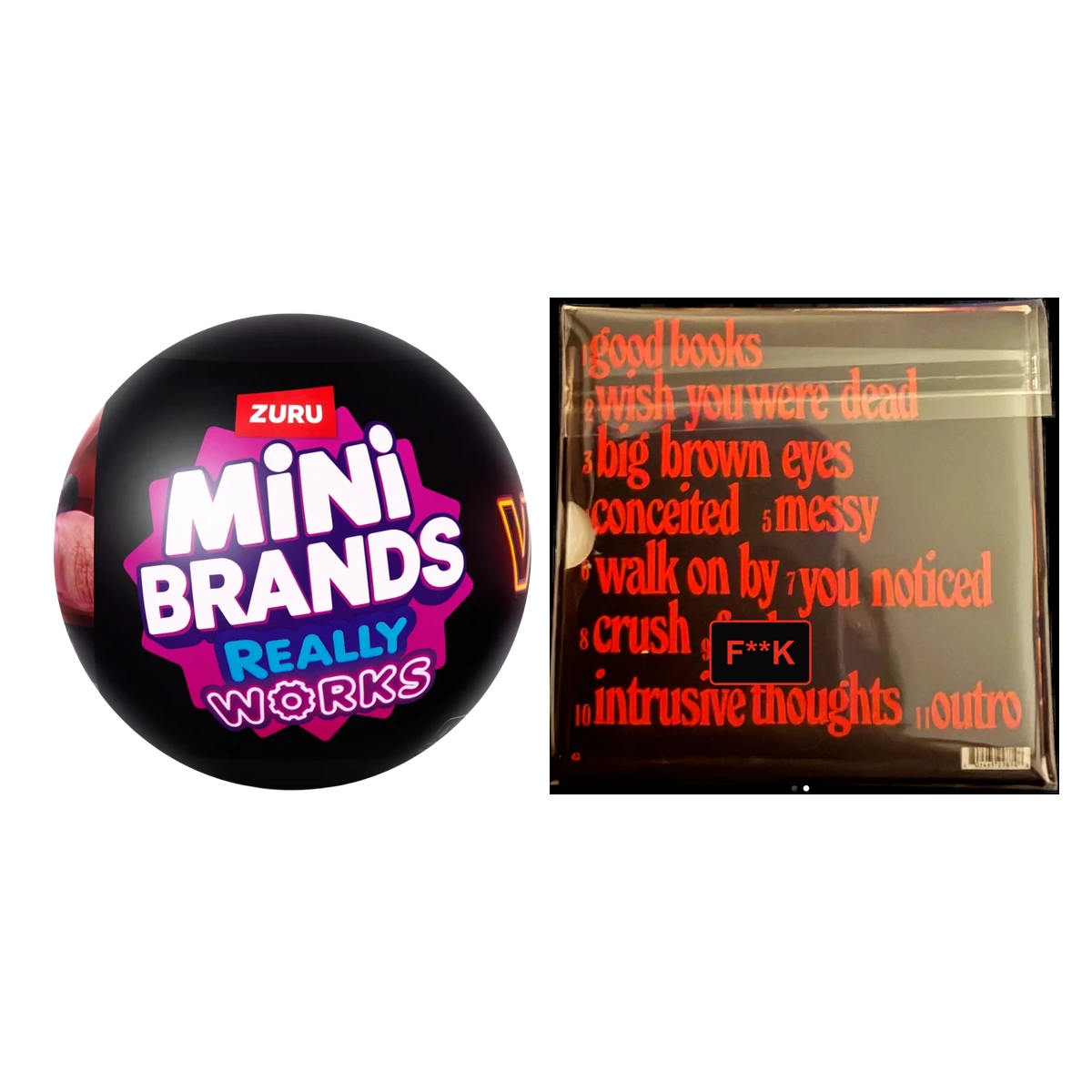 Bola de Mini Brands Really Works Vinyl de ZURU junto a la contraportada del mini vinilo de Lola Young con el tracklist explícito, el motivo del rumor de retirada en Target