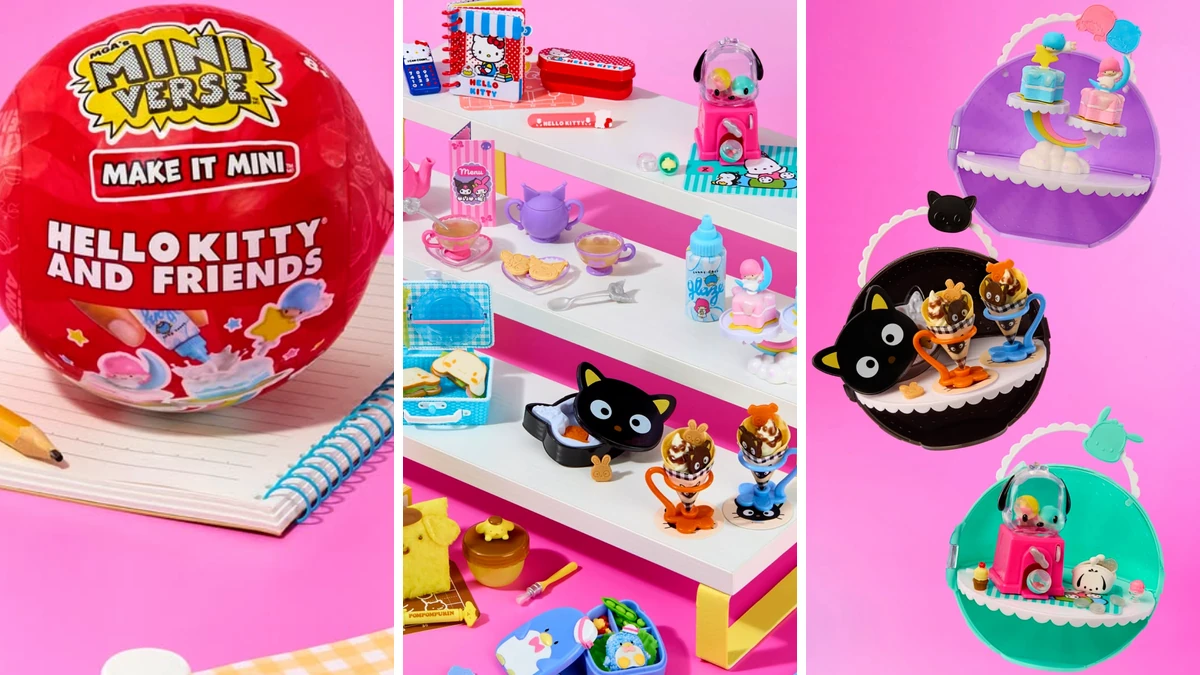 Collage del carrusel oficial de Miniverse Hello Kitty and Friends Series 4: la bola roja, los 8 sets en el expositor rosa y tres cápsulas usadas como vitrina