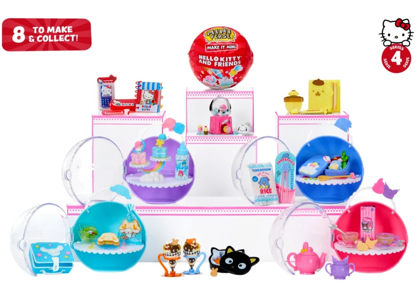 Las 8 minis de Miniverse Hello Kitty and Friends Series 4 en su expositor