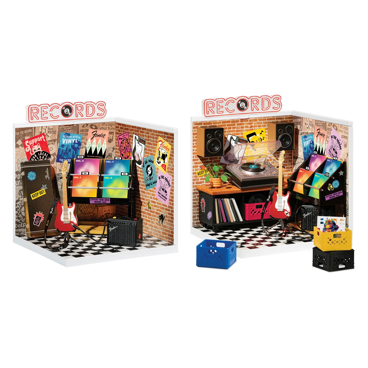 Miniverse Real Music Record Shop, playset tienda de discos en miniatura con guitarra Fender, amplificador y expositor de vinilos