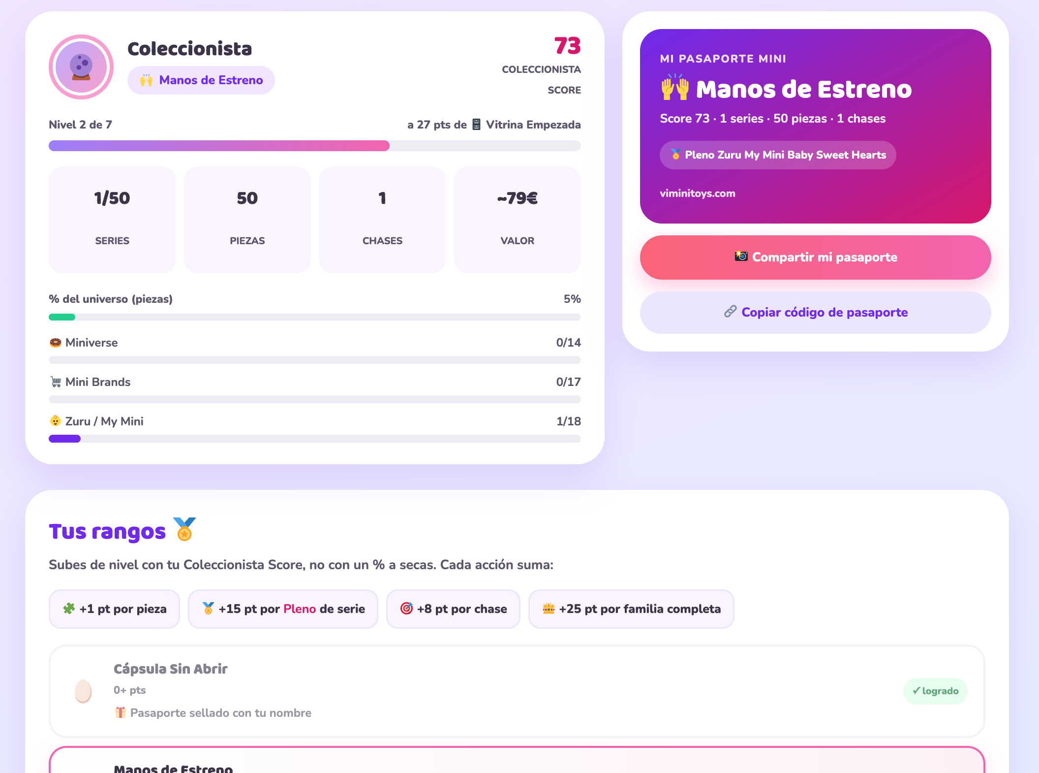 Collage de los bloques de la web del Pasaporte del Coleccionista: avatar, Coleccionista Score, rangos e insignias