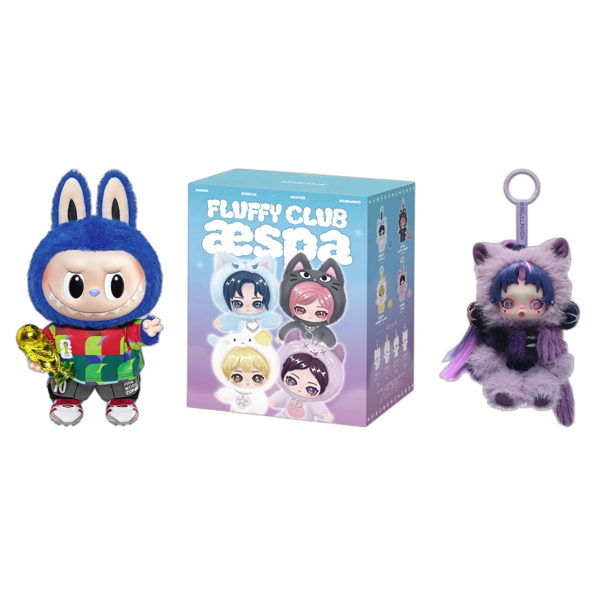 Montaje de las tres novedades POP MART 2026: Labubu x FIFA, SKULLPANDA x My Little Pony y la caja de aespa Fluffy Club