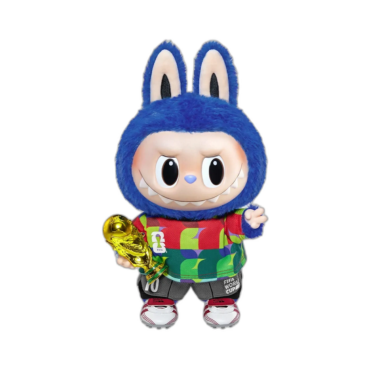 POP MART THE MONSTERS x FIFA World Cup 2026 — Labubu azul con equipación de fútbol y trofeo