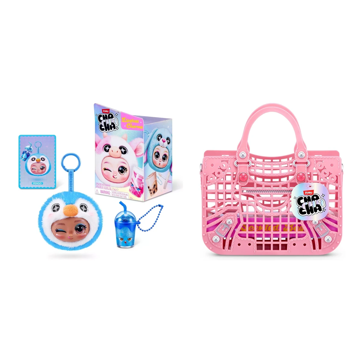 ZURU ChaChaCha: peluche-llavero Pengo con brillo de labios y bolso perfumado rosa, la línea al completo