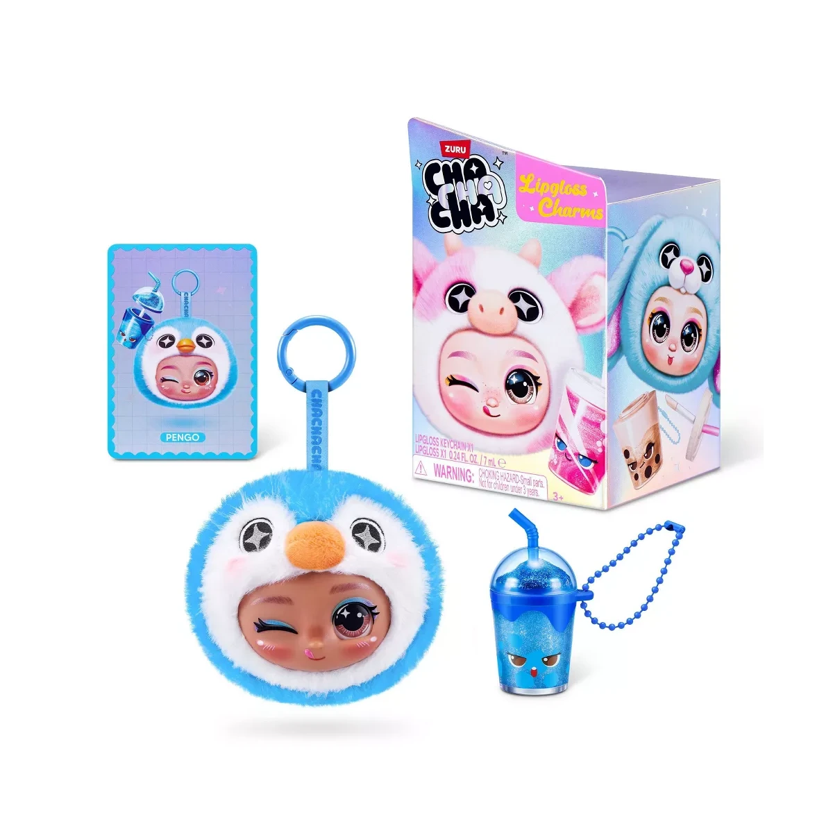 ZURU ChaChaCha Lip Gloss Charms Series 1, peluche-llavero del ping&uuml;ino Pengo, caja, tarjeta y brillo de labios con forma de bebida