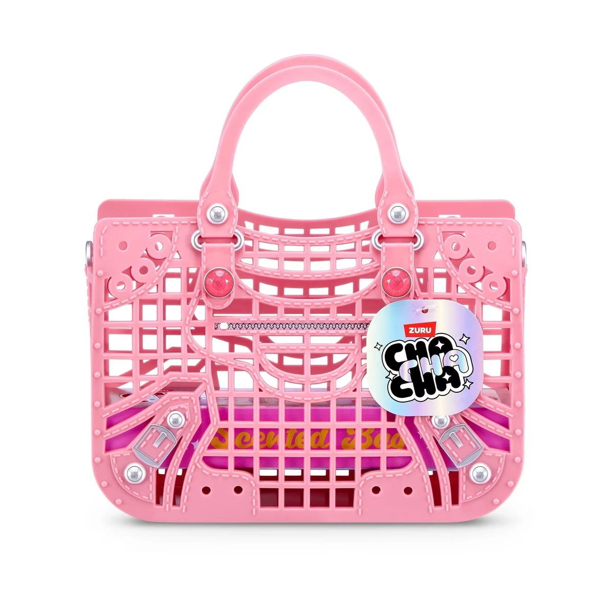 ZURU ChaChaCha Scent Purse, bolso perfumado rosa de pl&aacute;stico moldeado con pedrer&iacute;a y etiqueta hologr&aacute;fica ChaChaCha