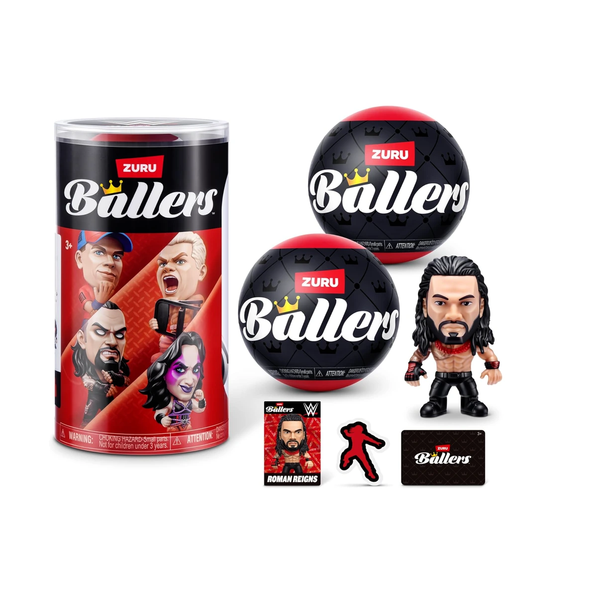 Zuru WWE Ballers: bote de cápsulas sorpresa con la figura chibi de Roman Reigns, tarjeta de coleccionista y pegatina