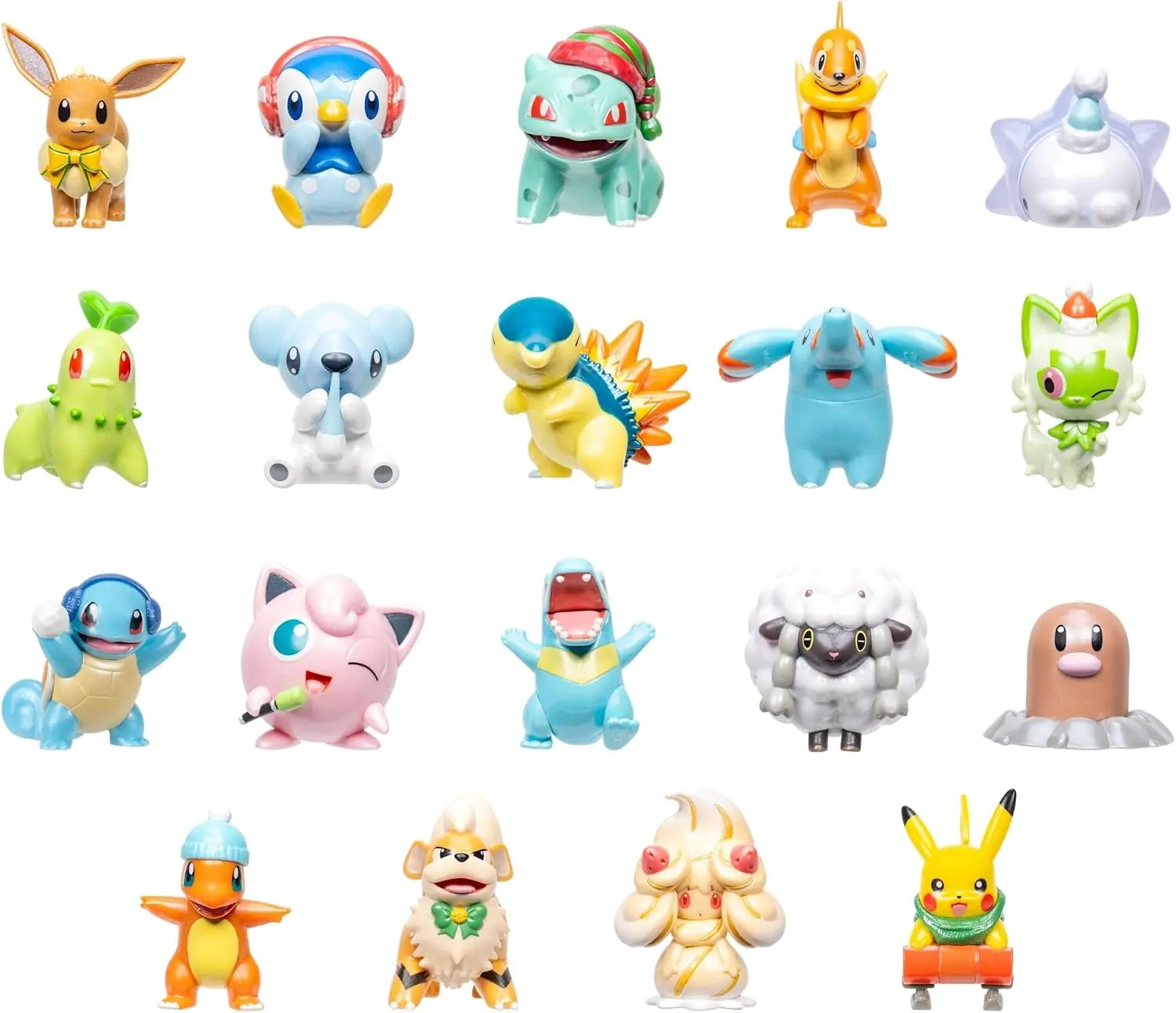 Las 19 figuras del calendario de adviento Pokémon 2026 de Jazwares alineadas sobre fondo blanco
