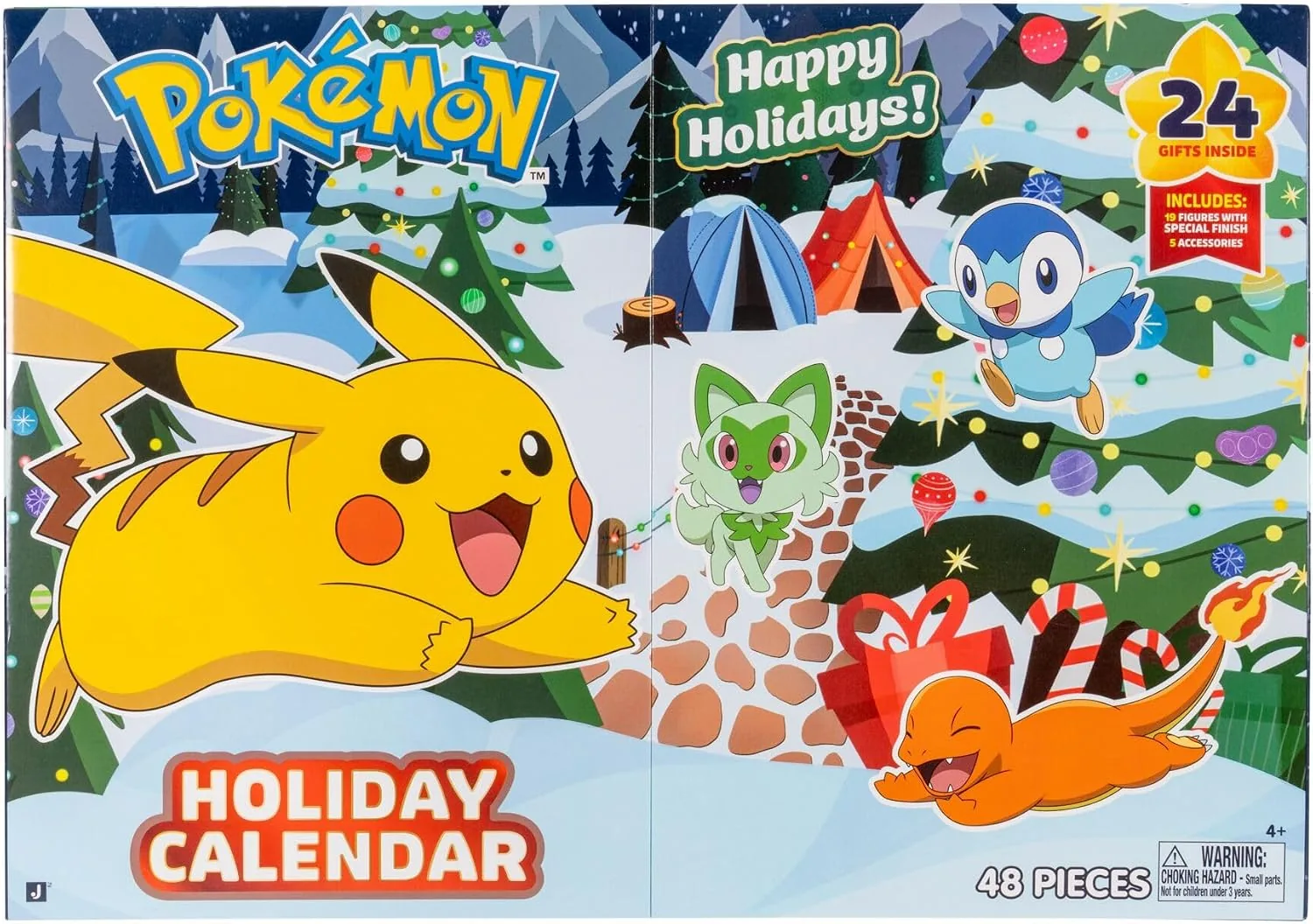 Frontal de la caja del calendario de adviento Pokémon 2026 de Jazwares con los reclamos de 24 regalos, 19 figuras, 5 accesorios y 48 piezas