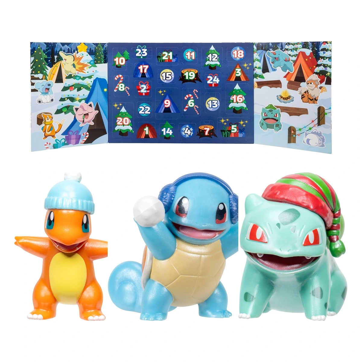 Calendario de adviento Pokémon 2026 de Jazwares abierto con las 24 puertas y las figuras navideñas de Charmander, Squirtle y Bulbasaur