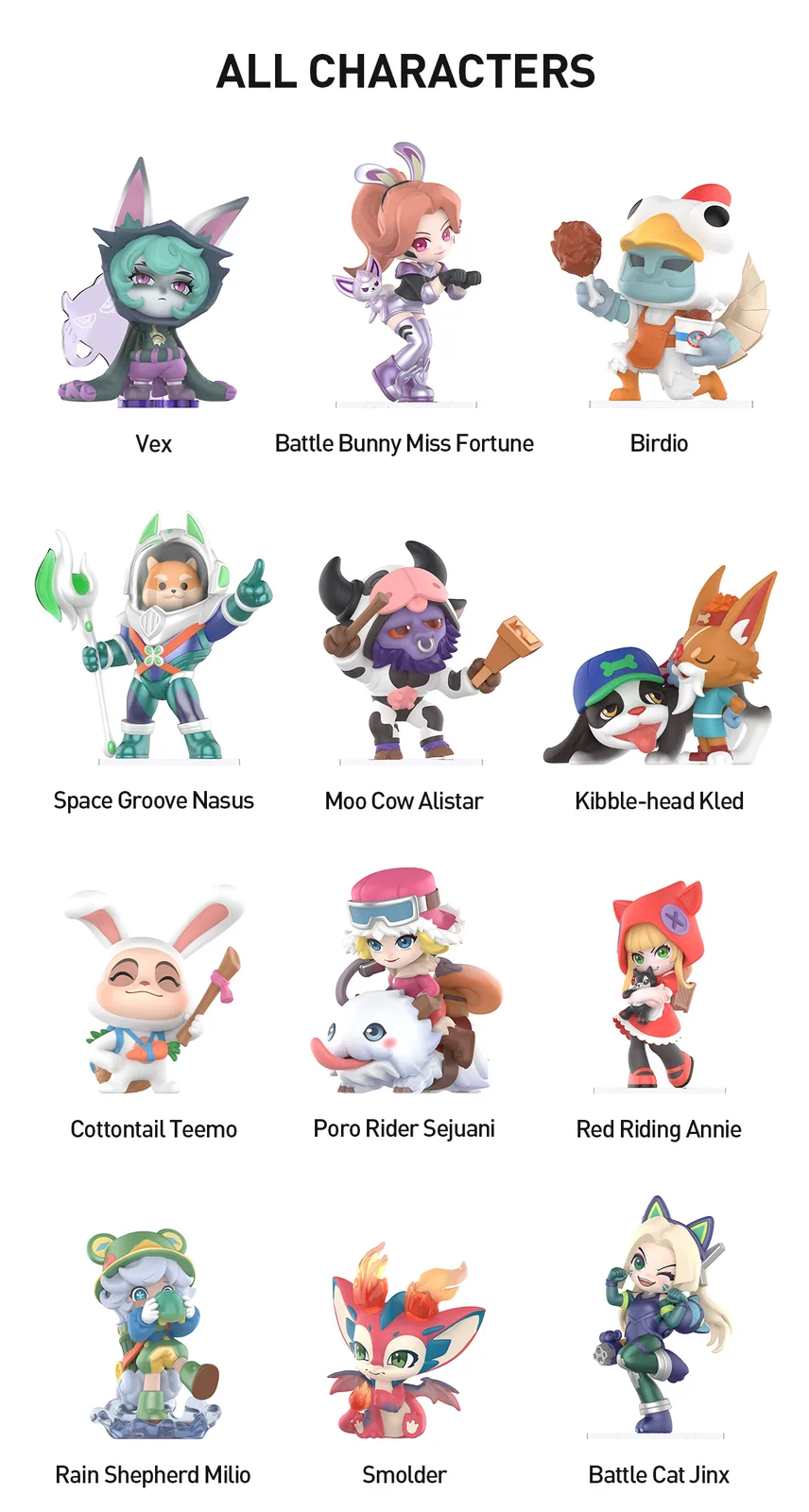 Lámina oficial ALL CHARACTERS con las 12 figuras regulares de Clash of the Cuties de POP MART