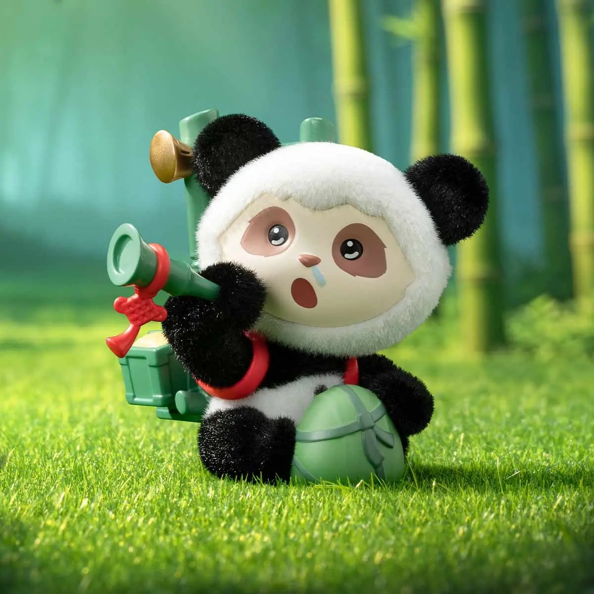 Figura secreta Panda Teemo de Clash of the Cuties con traje de panda, cerbatana de bambú y mochila verde