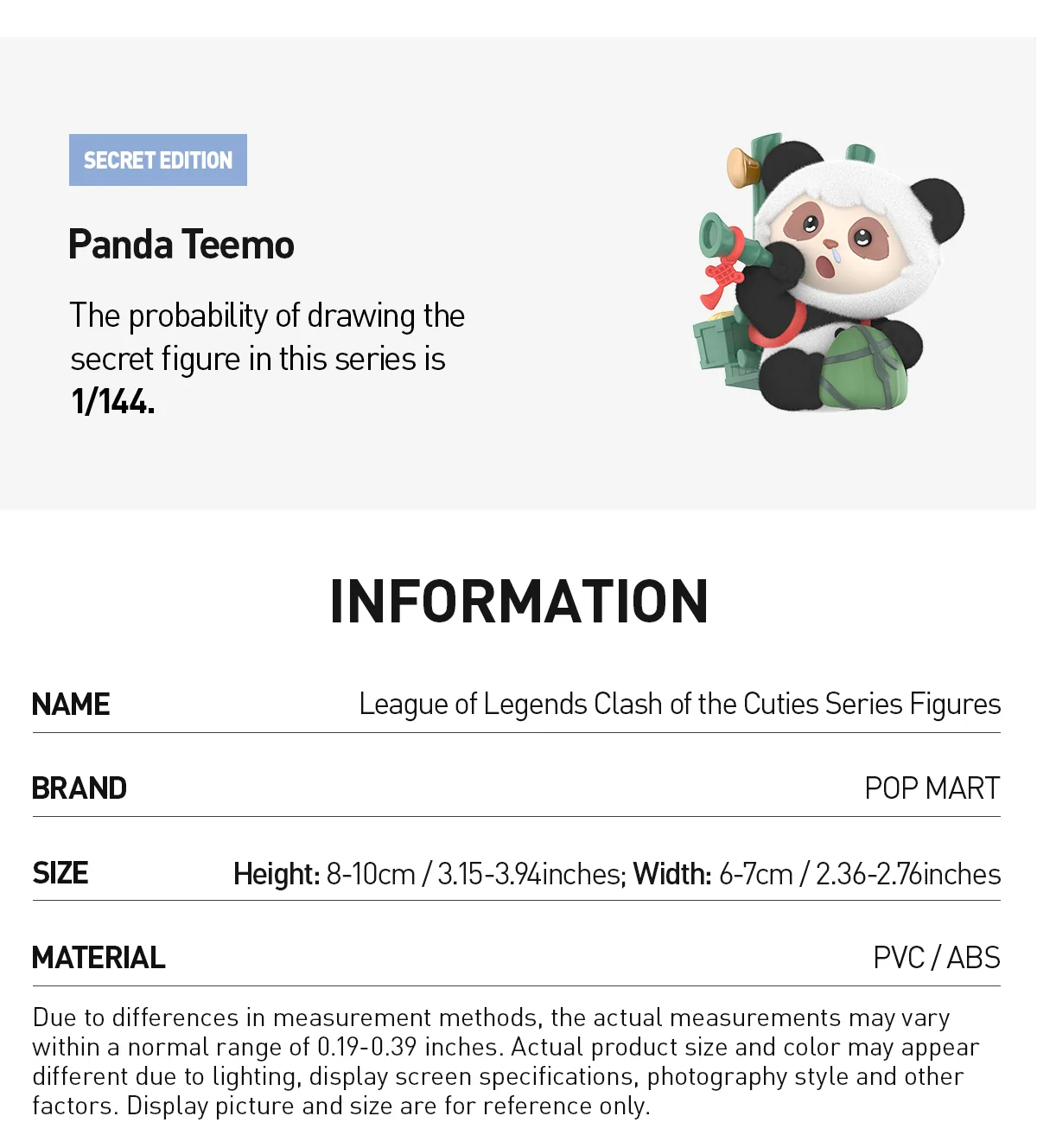 Ficha oficial de Panda Teemo, la figura secreta de Clash of the Cuties, con la probabilidad 1/144 y las especificaciones de tamaño y material