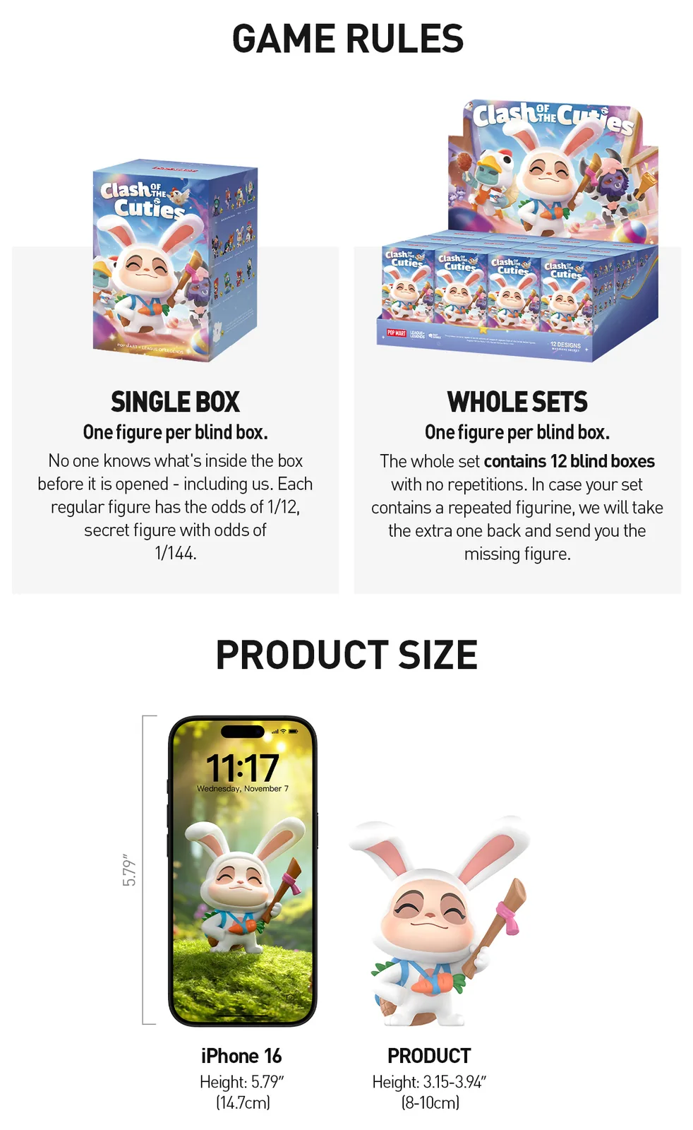 Reglas oficiales de la caja individual y el Whole Set de 12 blind boxes de Clash of the Cuties y comparativa de tamaño con un iPhone 16