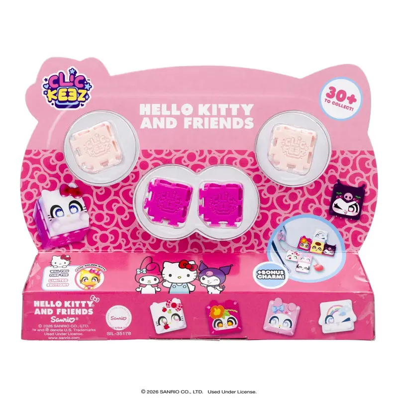 Reverso del pack de 7 Clickeez Hello Kitty and Friends con el sello de 30+ diseños y la Golden Hello Kitty de edición limitada