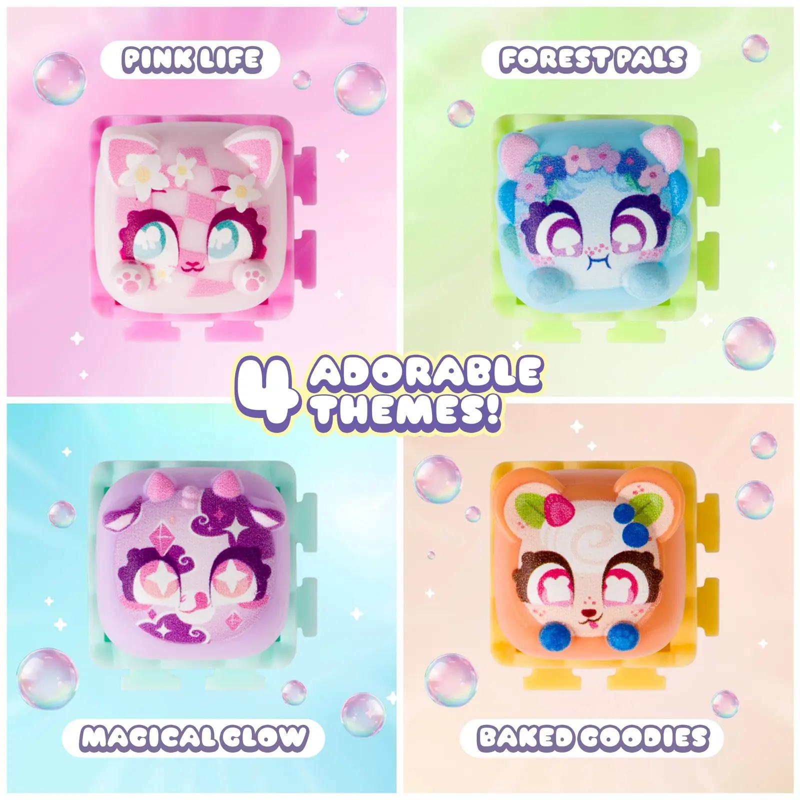 Los cuatro temas de Clickeez Series 3 Bubble Pops: Pink Life, Forest Pals, Magical Glow y Baked Goodies con un Bubble Pop de muestra de cada uno