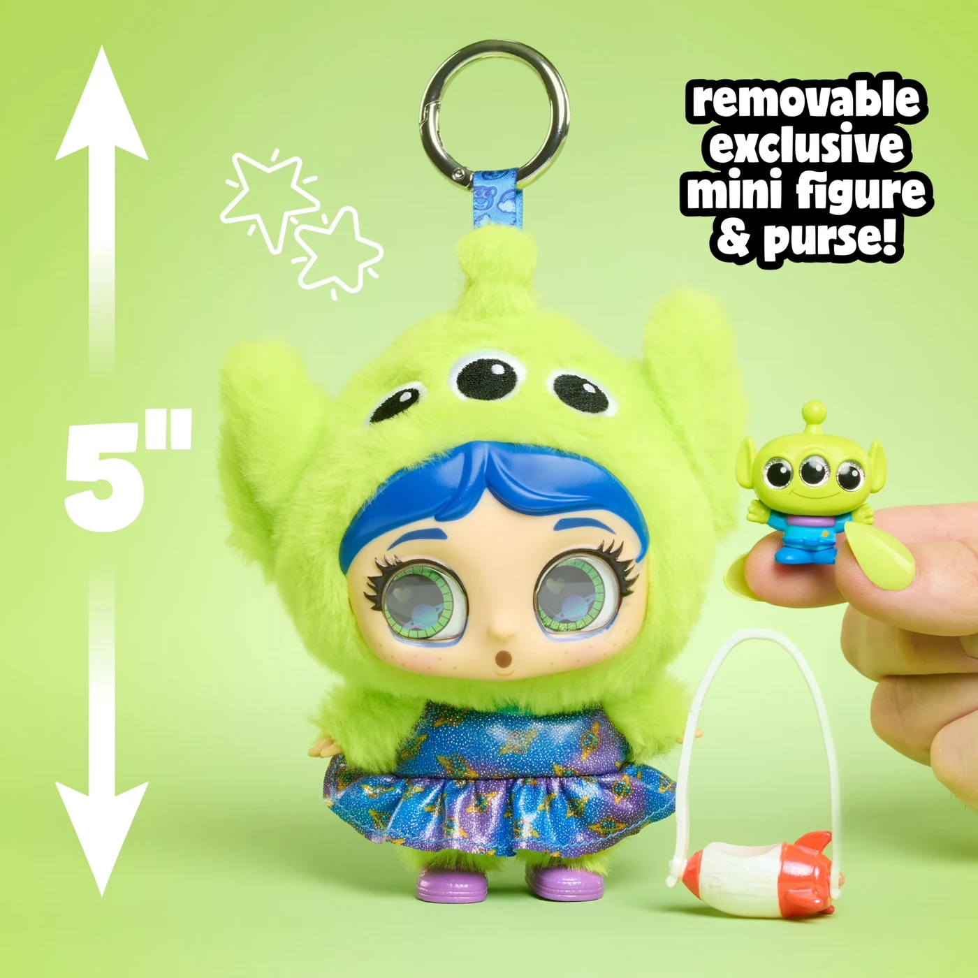 Detalle del Littlz Hayden disfrazado de Alien de Toy Story: 5 pulgadas, con mini figura de alien y bolso cohete extraíbles