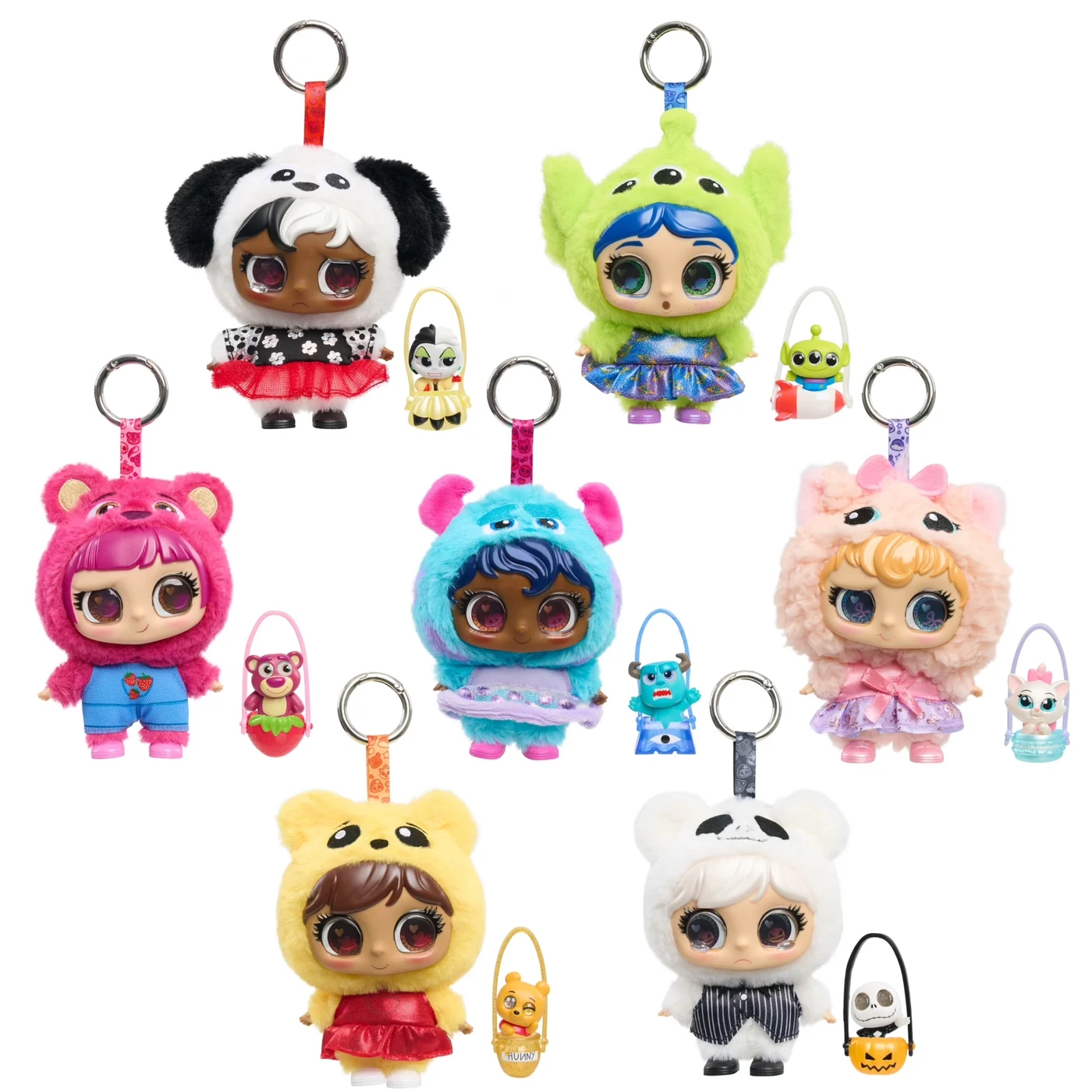Los 7 peluches colgantes Disney Doorables ADOORBS Littlz con sus bolsos y mini figuras: Cruella, Alien, Lotso, Sulley, Marie, Pooh y Jack Skellington