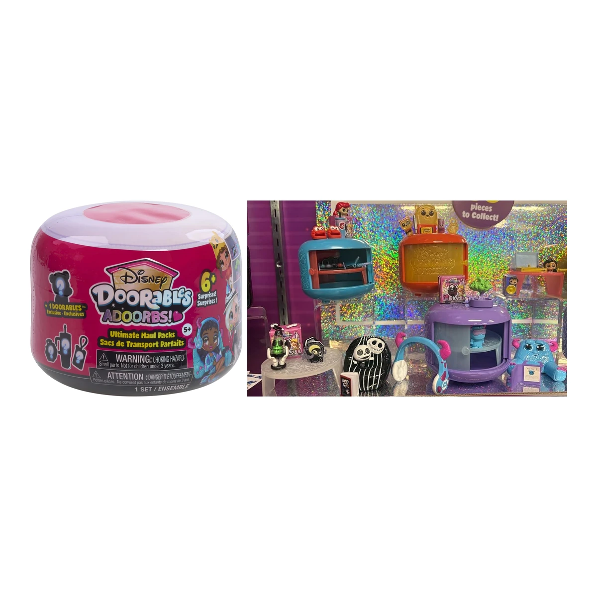 Disney Doorables ADOORBS Ultimate Haul Packs: cápsula sorpresa cerrada junto al expositor con los packs de Ariel, Pooh, Jack, Sulley y Aladdin
