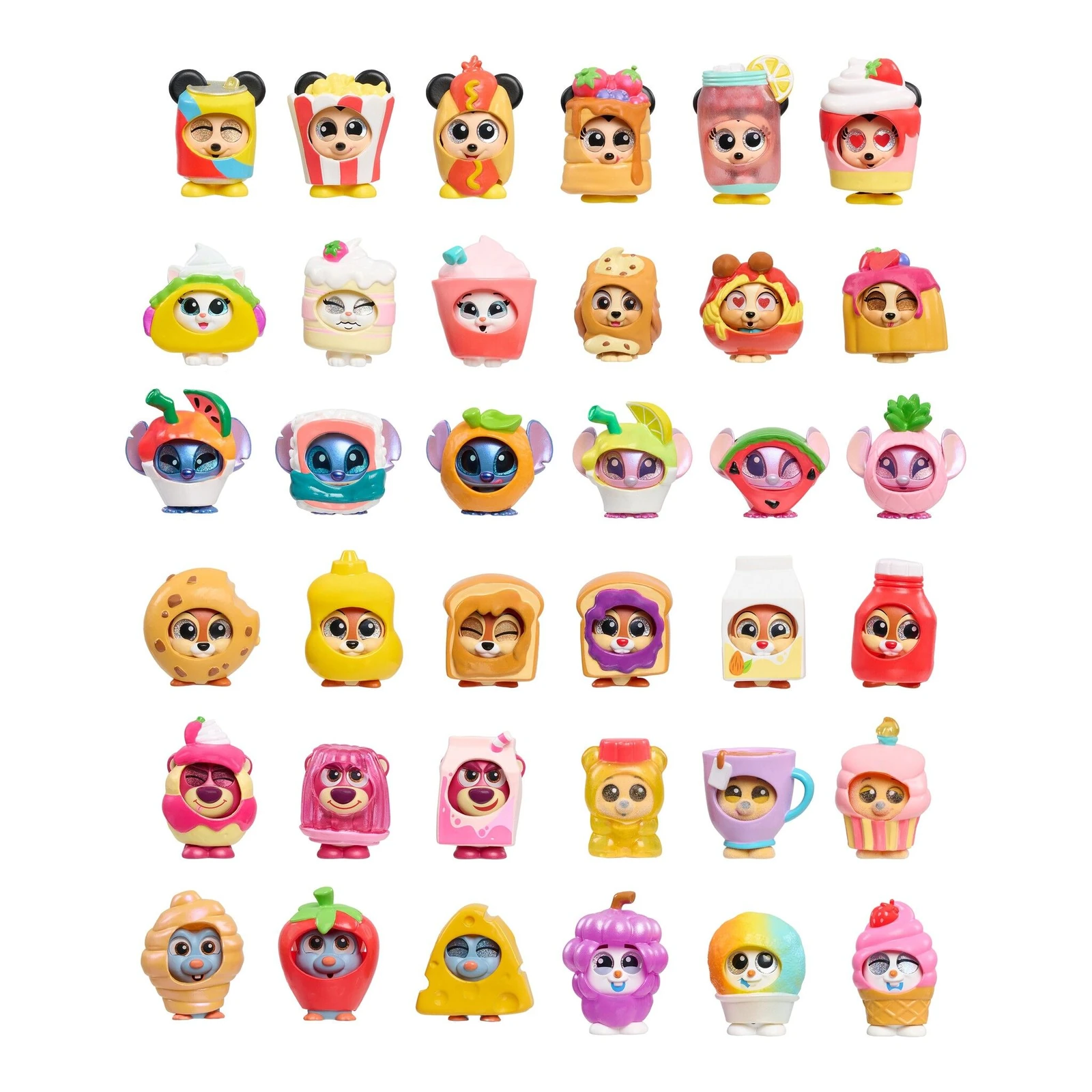 Los 36 diseños de Disney Doorables Costume Foodies Series 2: figuras Disney con disfraces de comida; se distinguen Angel de sandía, Lotso de gelatina, Remy con queso y Mickey de perrito caliente, junto a franquicias como Stitch, los ratones de Ratatouille y Toy Story