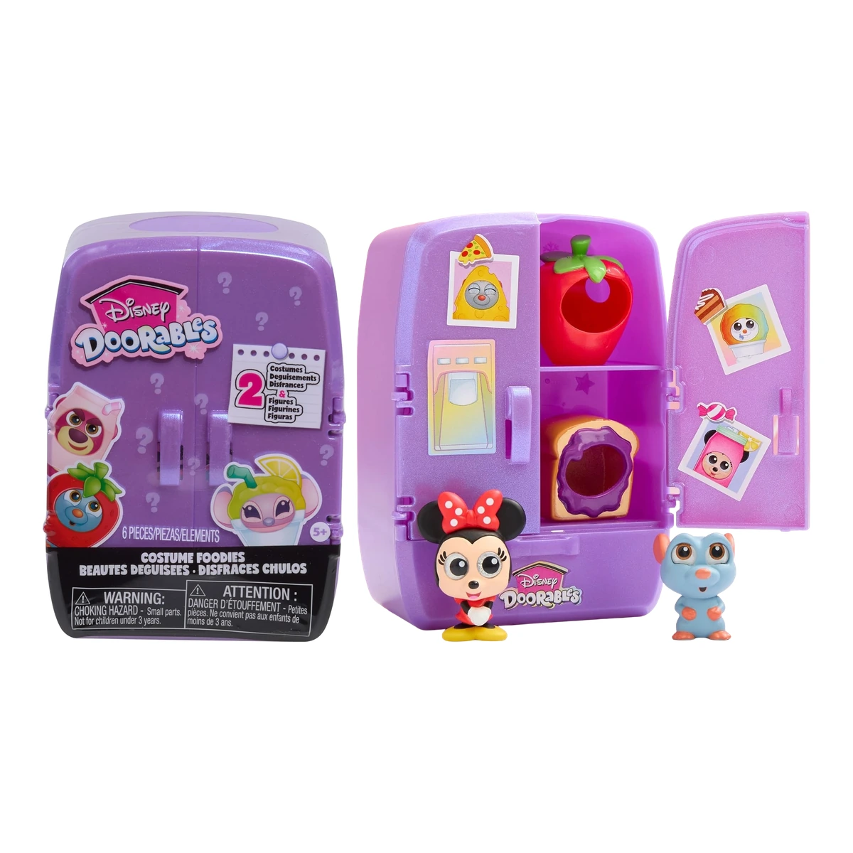 Disney Doorables Costume Foodies (Serie 2): caja-nevera morada y cápsula abierta con dos figuras Doorables disfrazadas de comida