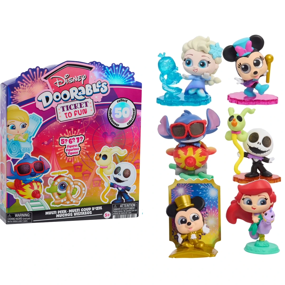 Disney Doorables Ticket to Fun (Serie 16): caja Multi Peek y figuras coleccionables (Mickey dorado, Stitch, Ariel, Elsa, Minnie, Jack Skellington)