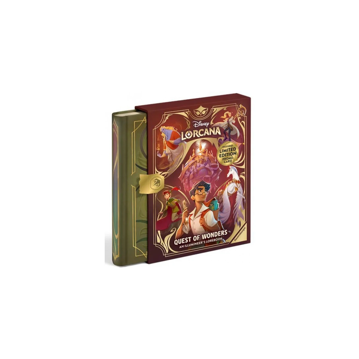 Disney Lorcana Quest of Wonders: An Illumineer's Lorebook con su estuche burdeos y el libro verde oliva