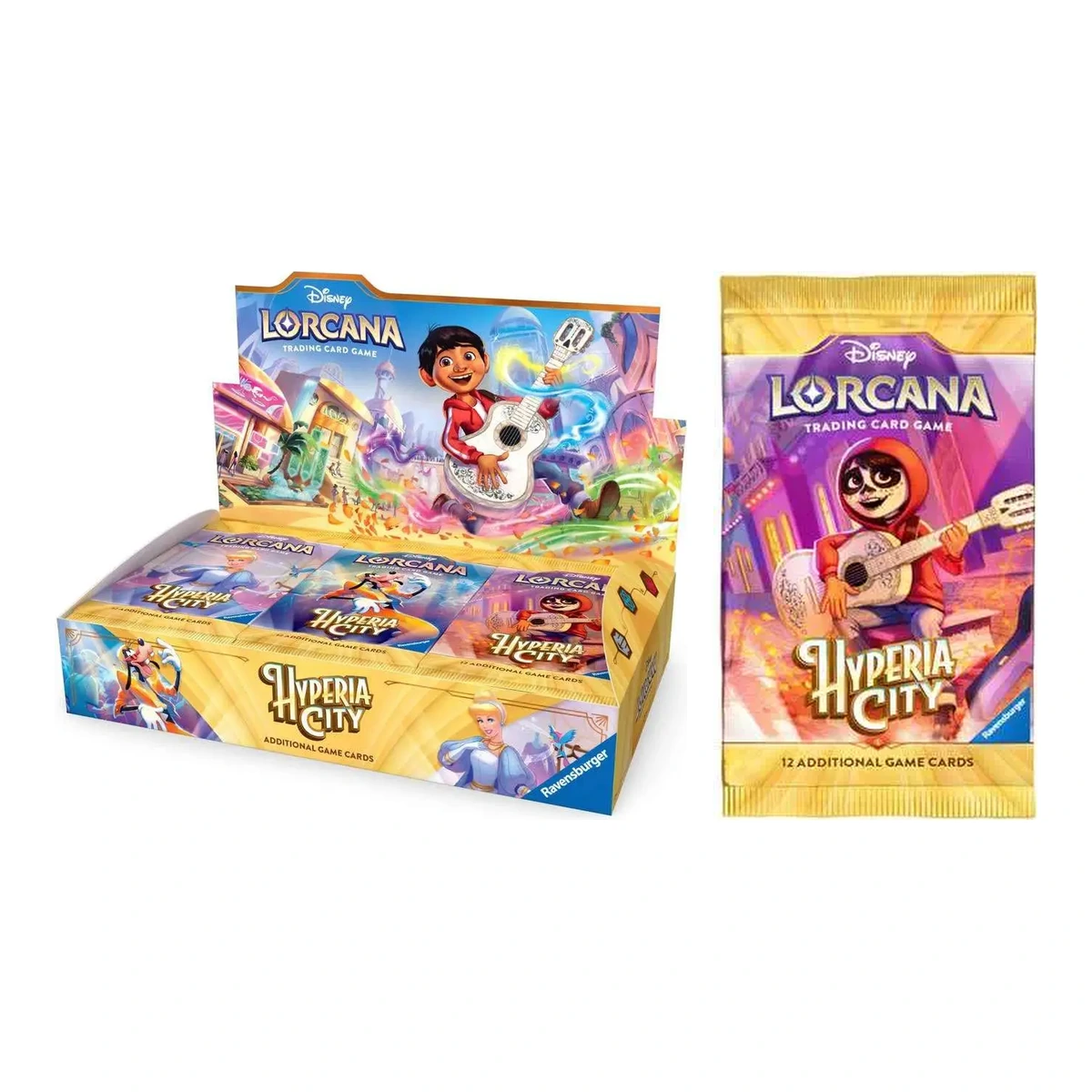 Disney Lorcana TCG: caja display y sobre del set Hyperia City de Ravensburger con Miguel de Coco