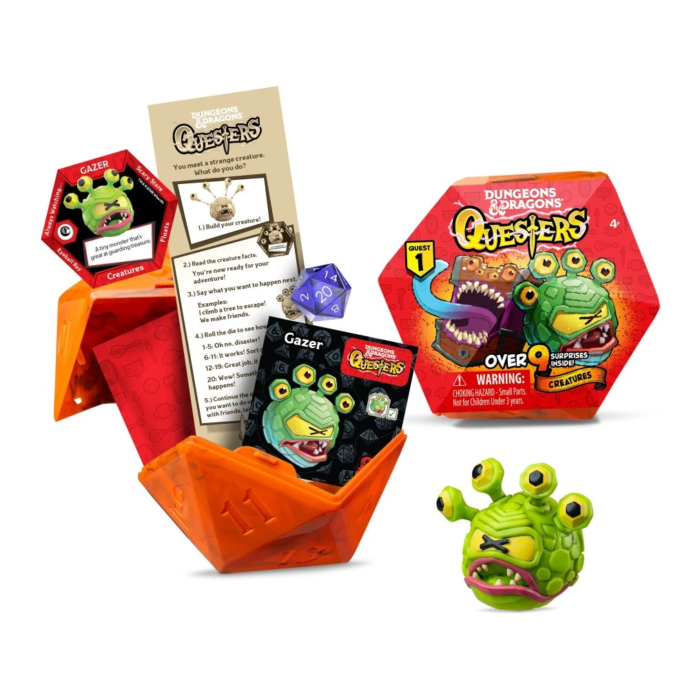 Creature de Dungeons & Dragons Questers recién abierta: cápsula facetada tipo D20 con la figura Gazer, la tarjeta, el story starter y el dado de 20 caras