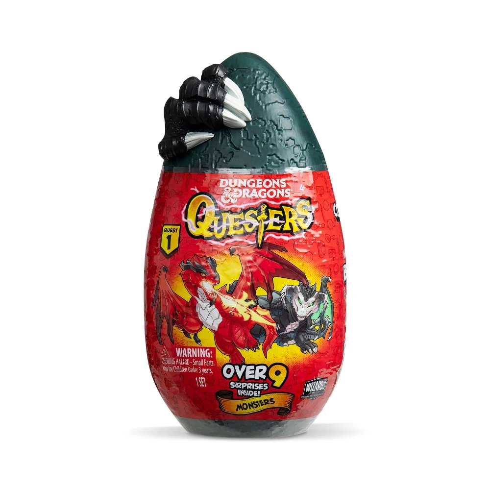 Formato Monster de Dungeons & Dragons Questers: huevo con garra de dragón, con el Red Dragon y el Black Dragon en la etiqueta
