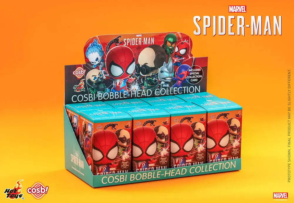 Expositor original de ocho blind boxes de la Cosbi Bobble-Head Collection de Marvel's Spider-Man de Hot Toys