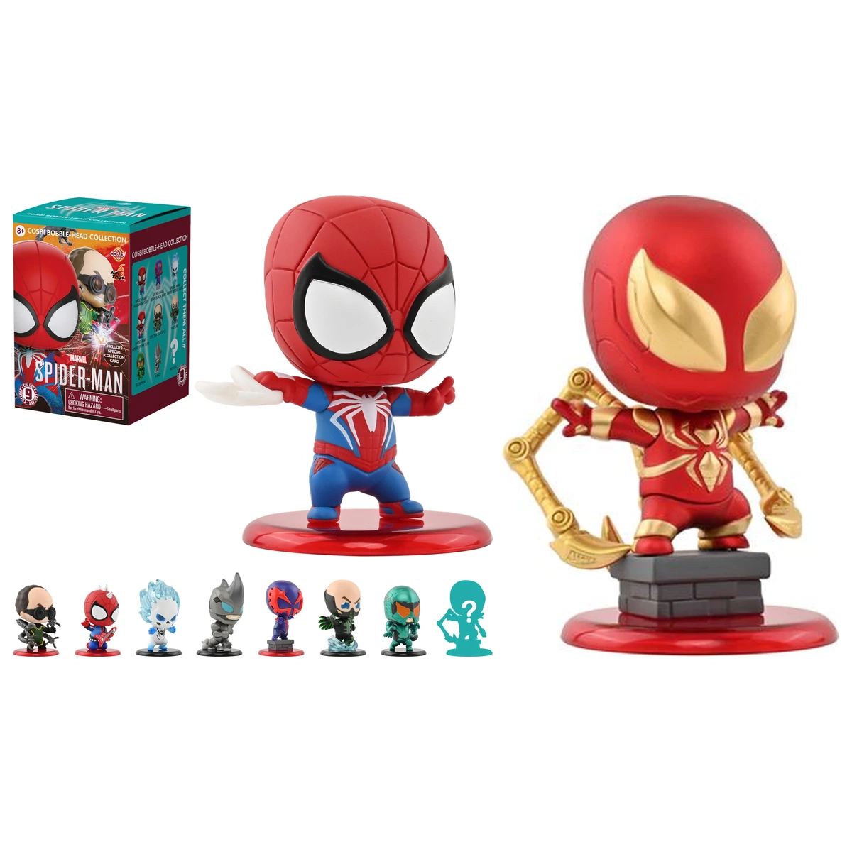 Figuras Cosbi de Marvel's Spider-Man: la caja blind box, los ocho diseños regulares y la secreta con armadura Iron Spider