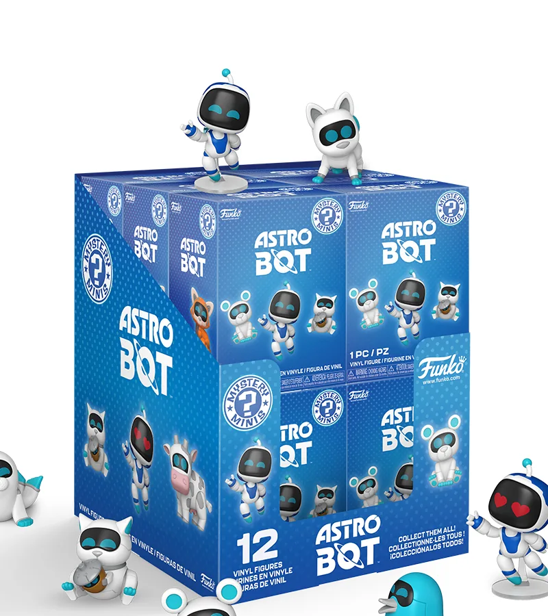Display PDQ azul de 12 blind boxes de Funko Astro Bot Mystery Minis con Astro Bot y Dog Bot colocados encima