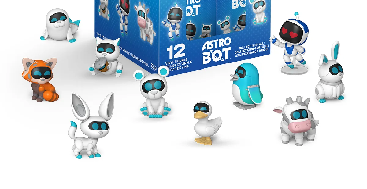 Diez figuras de Funko Astro Bot Mystery Minis: Seal Bot, Red Panda Bot, Rabbit Bot, Bear Bot, Duck Bot, Penguin Bot, Cow Bot y Astro Bot Heart Eyes