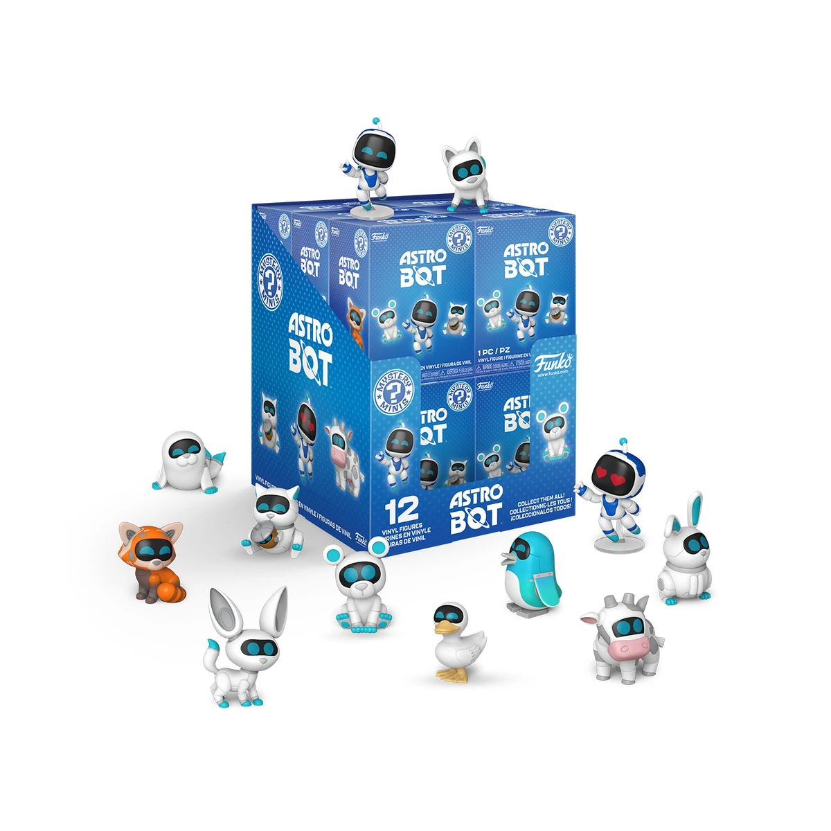 Funko Astro Bot Mystery Minis: display de 12 blind boxes rodeado por las doce figuras de vinilo de la serie