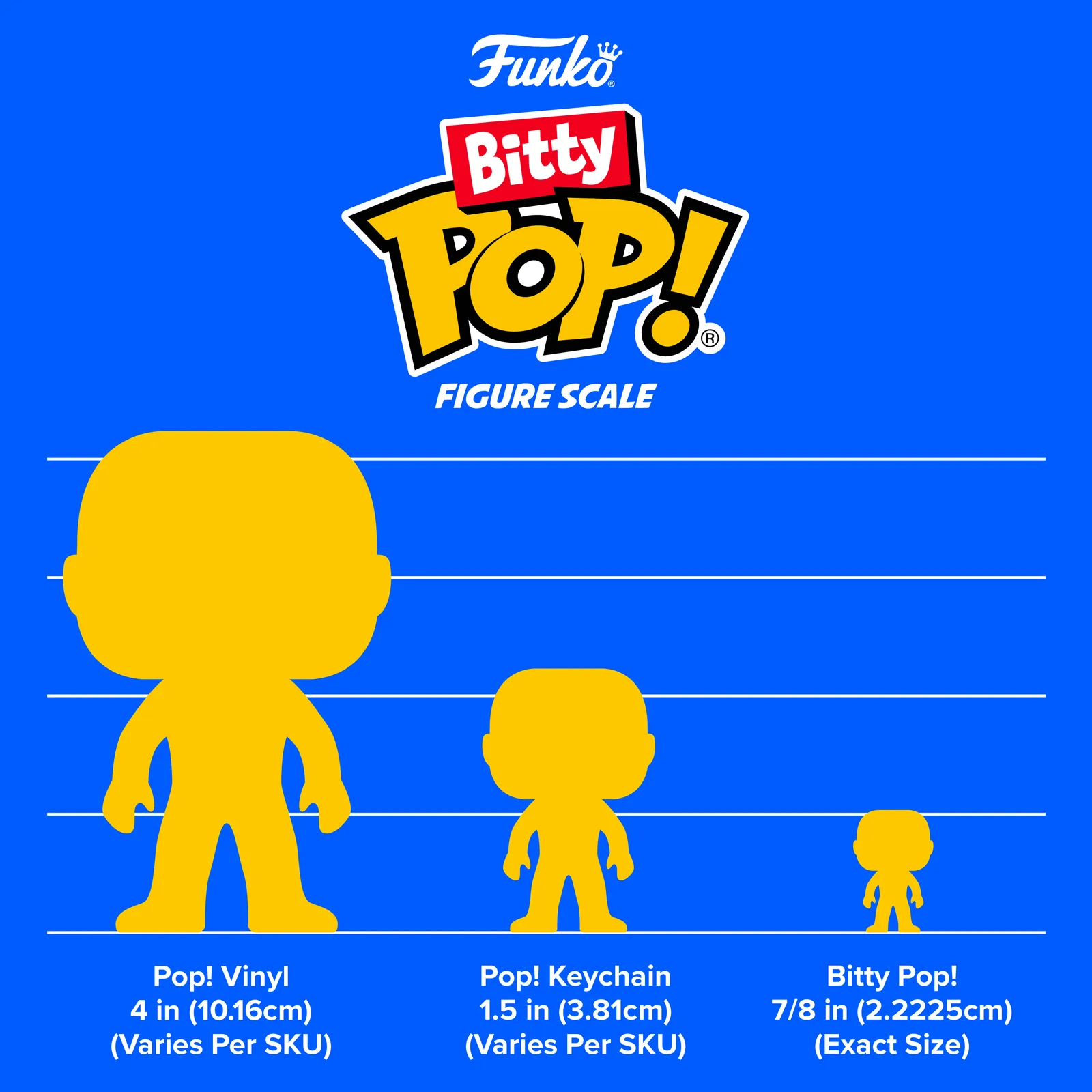 Comparativa oficial de escala Funko entre Pop Vinyl de 10 cm, Pop Keychain de 3,8 cm y Bitty Pop de 2,2 cm