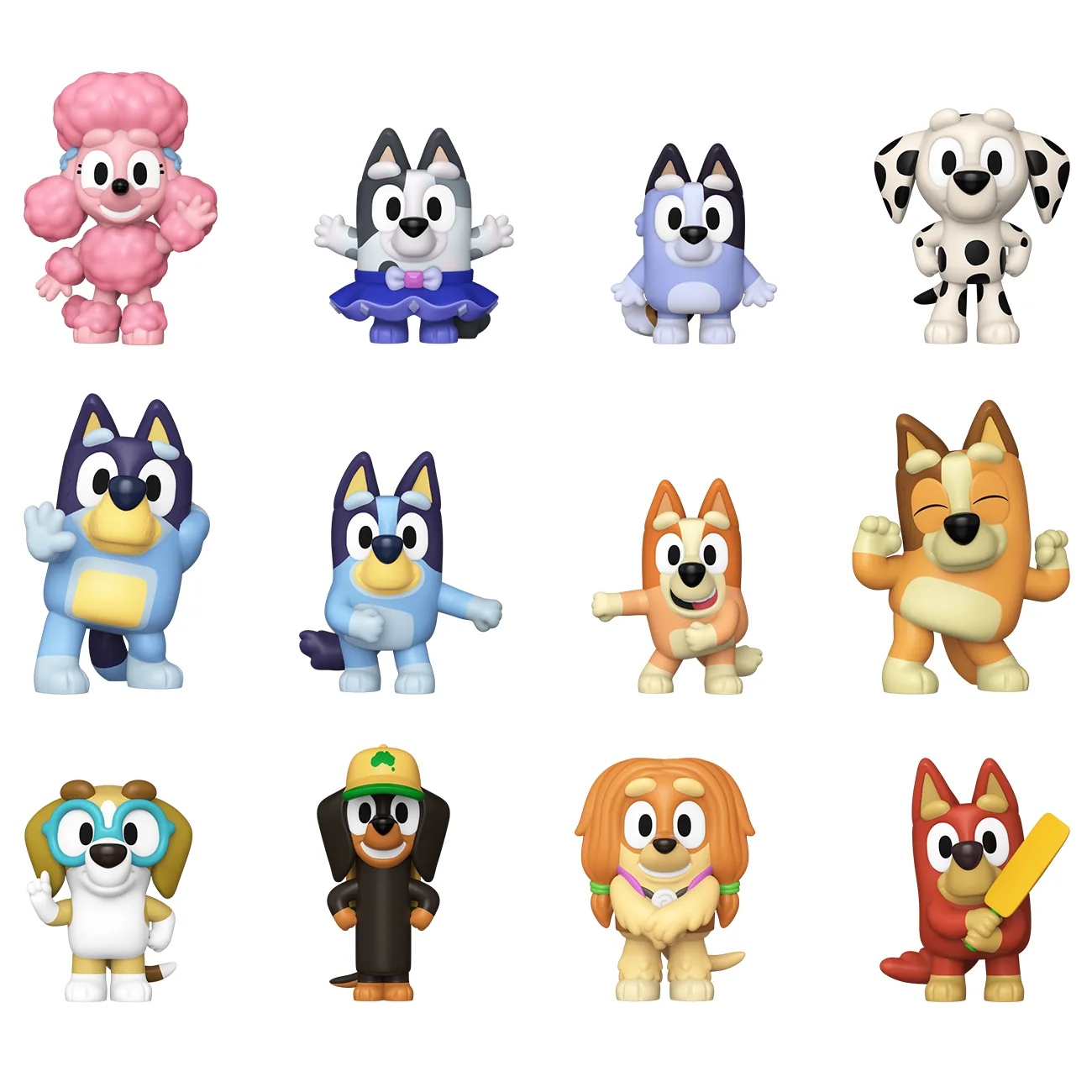 Las 12 figuras de Funko Bluey Mystery Minis en cuadrícula de 4x3: Coco, Muffin, Socks, Chloe, Bandit, Bluey, Bingo, Chilli, Honey, Snickers, Indy y Rusty
