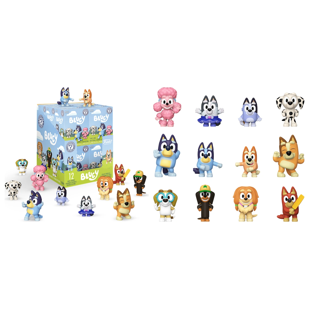 Funko Bluey Mystery Minis: display de 12 blind boxes rodeado por las 12 figuras de vinilo de la serie