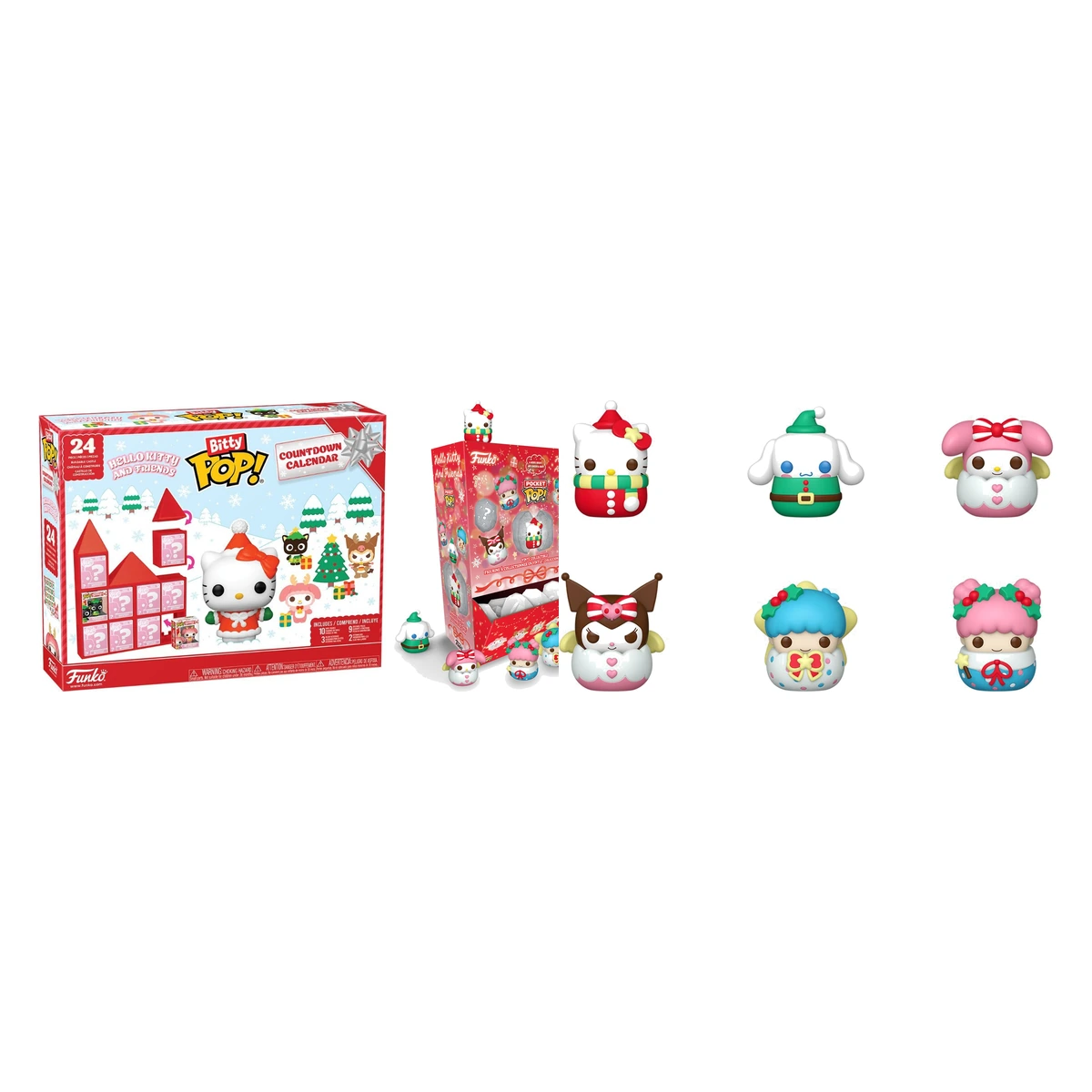 Calendario Bitty Pop de Hello Kitty and Friends junto al display y los seis Snowballs Pocket Pop de Funko