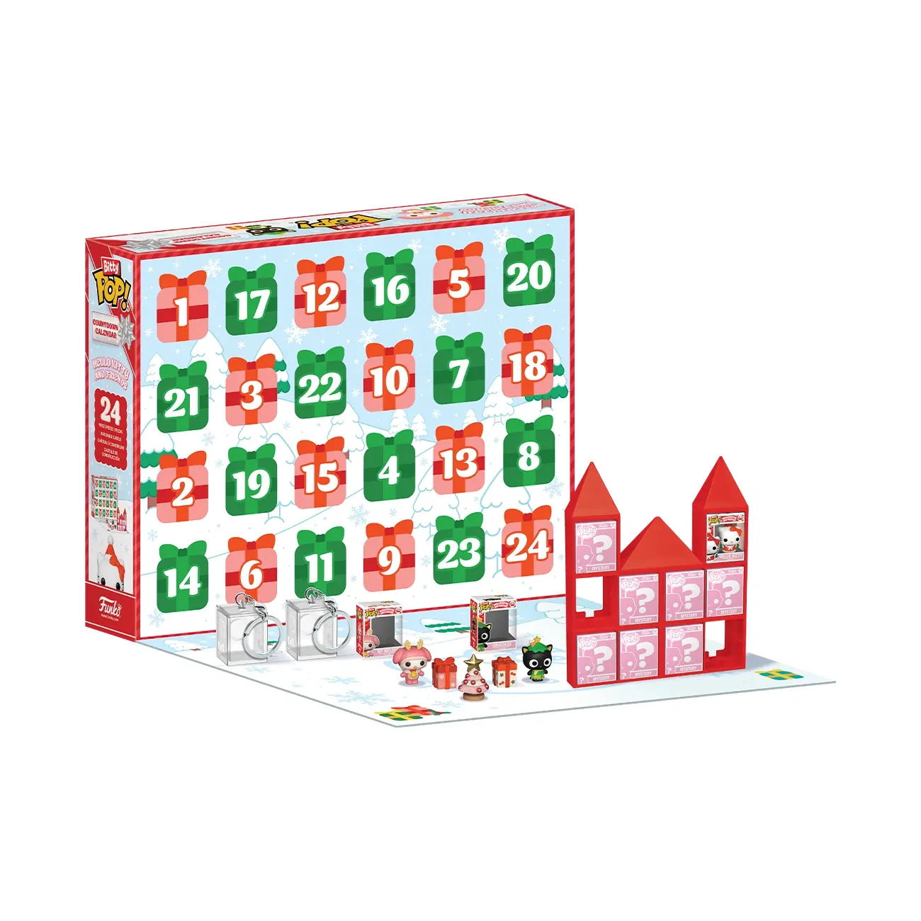 Calendario Bitty Pop Hello Kitty abierto con las 24 piezas y el castillo modular