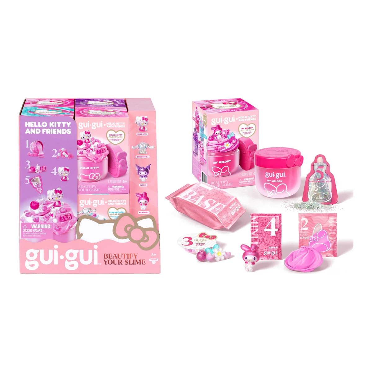 Expositor de la colección GUI GUI Hello Kitty and Friends junto al kit de My Melody con todas sus piezas desplegadas