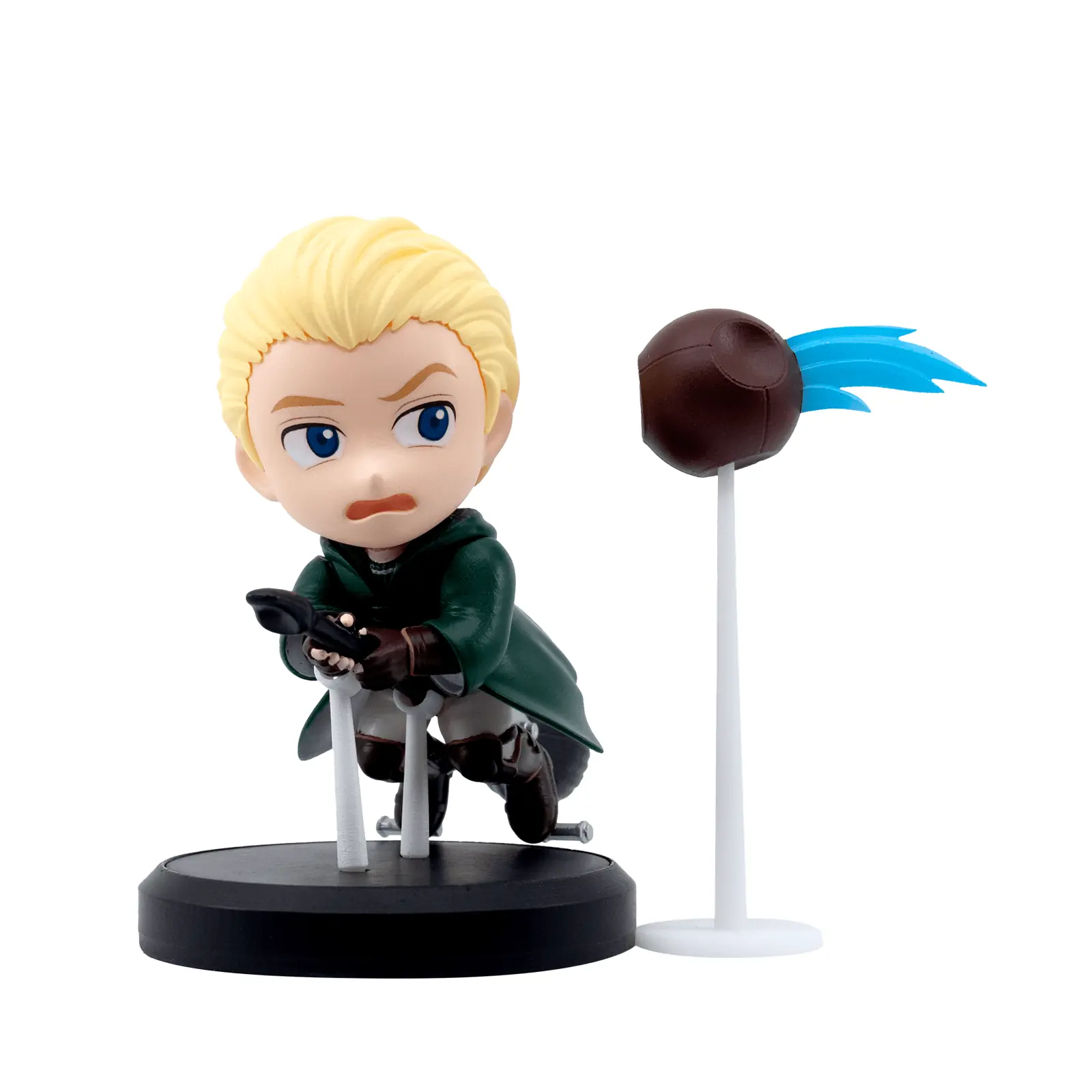 Figura chibi de Draco Malfoy sobre su escoba con una Bludger, de Harry Potter Hero Box Wizards Series