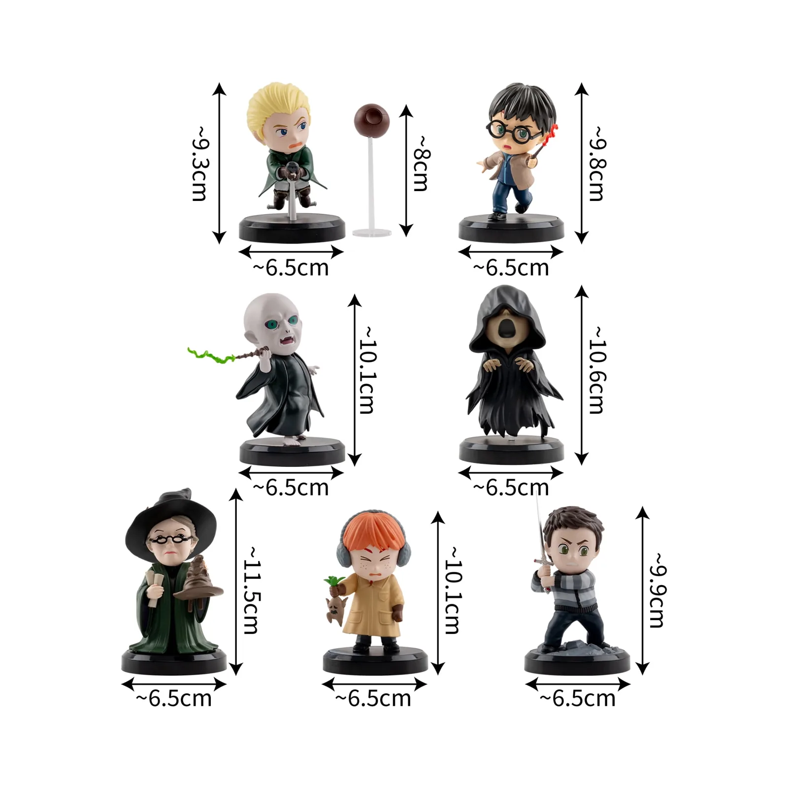 Checklist de las 7 figuras de Harry Potter Hero Box Wizards Series con sus alturas: de 9,3 a 11,5 cm y bases de 6,5 cm