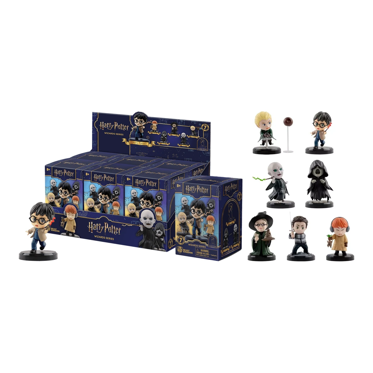 Harry Potter Hero Box Wizards Series de YuMe y Beast Kingdom: display de blind boxes junto a las 7 figuras chibi de la colección